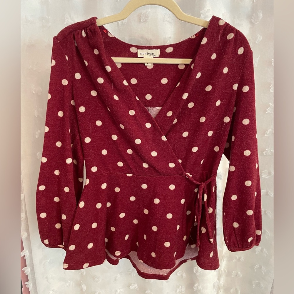 Monteau Burgundy polka dot peplum top
